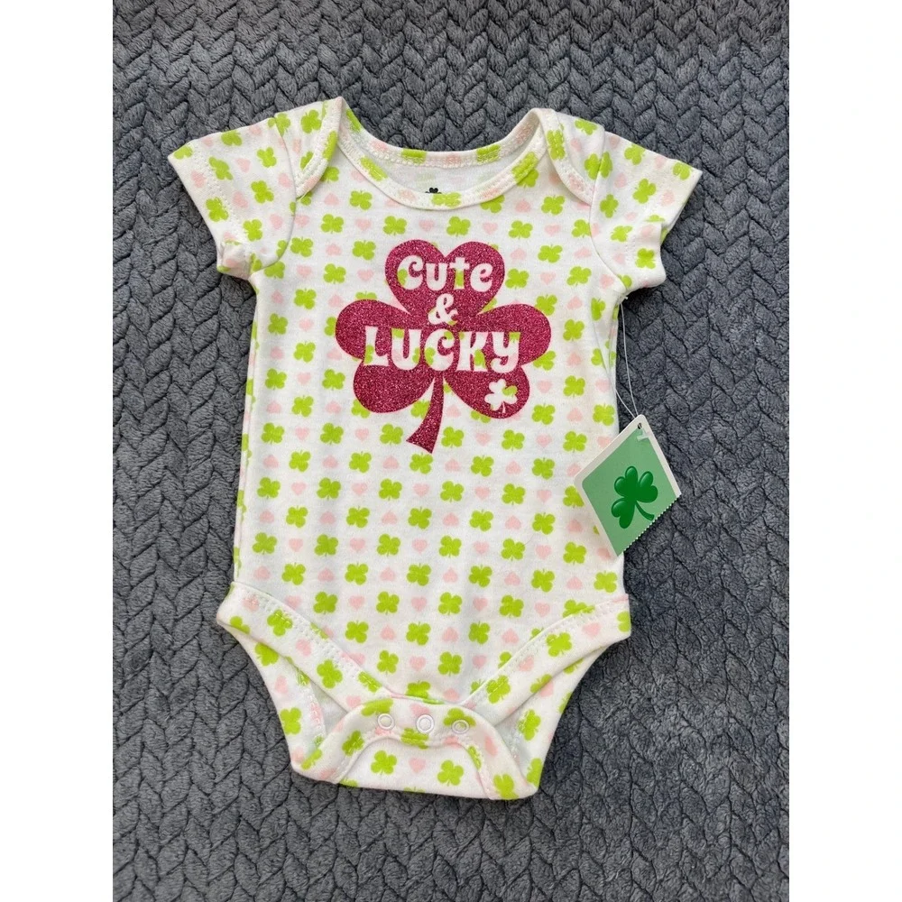 Cute & Lucky Newborn White Pink Green St Patricks Day Bodysuit Glitter NB